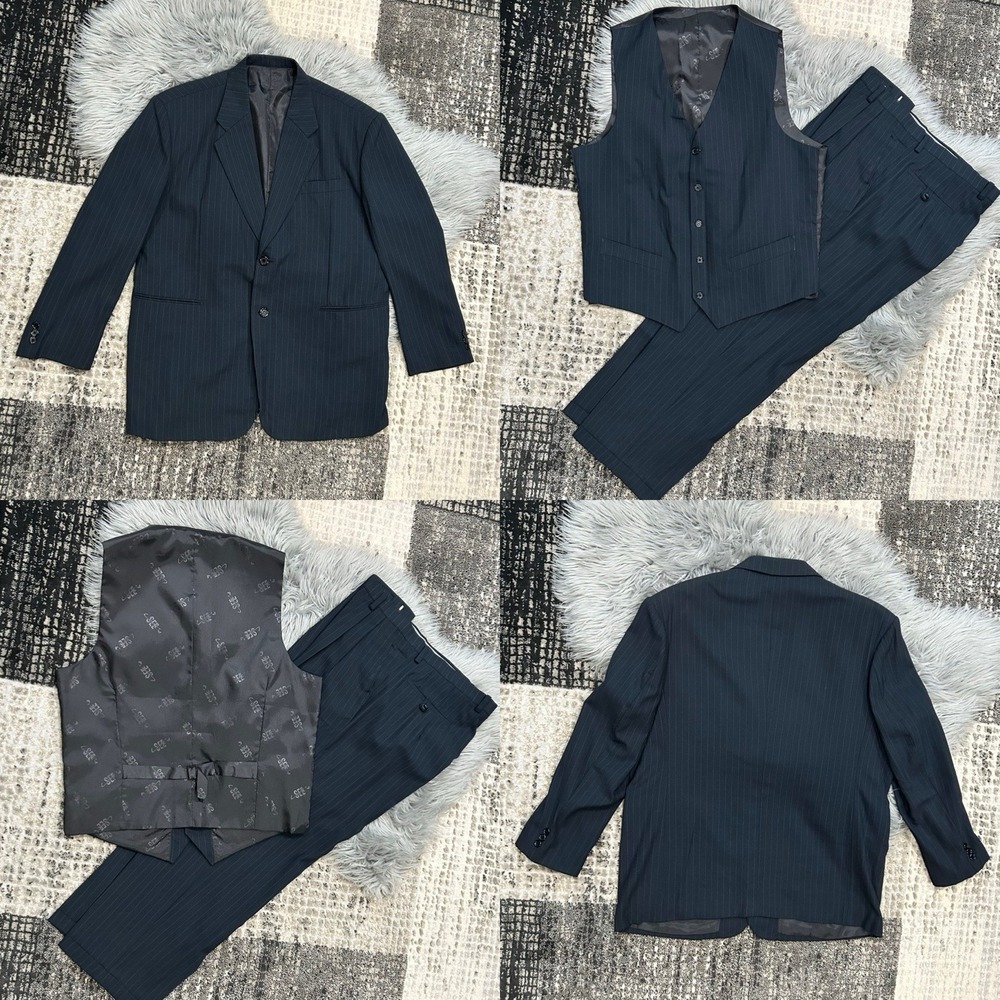Custom Tailor Mens Dark Navy Pinstripe 3 Piece Suit 38X30